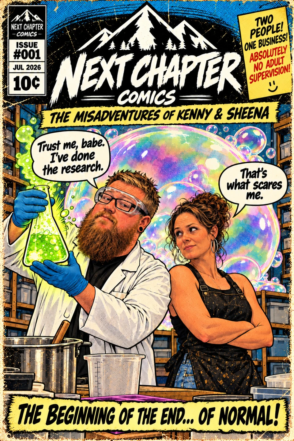 Original full-color Issue #1 cover: Kenny and Sheena in their soap laboratory